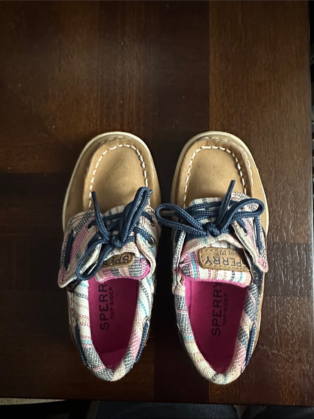 Sperry Kids Tan Leather Moccasins with Multicolor Plaid